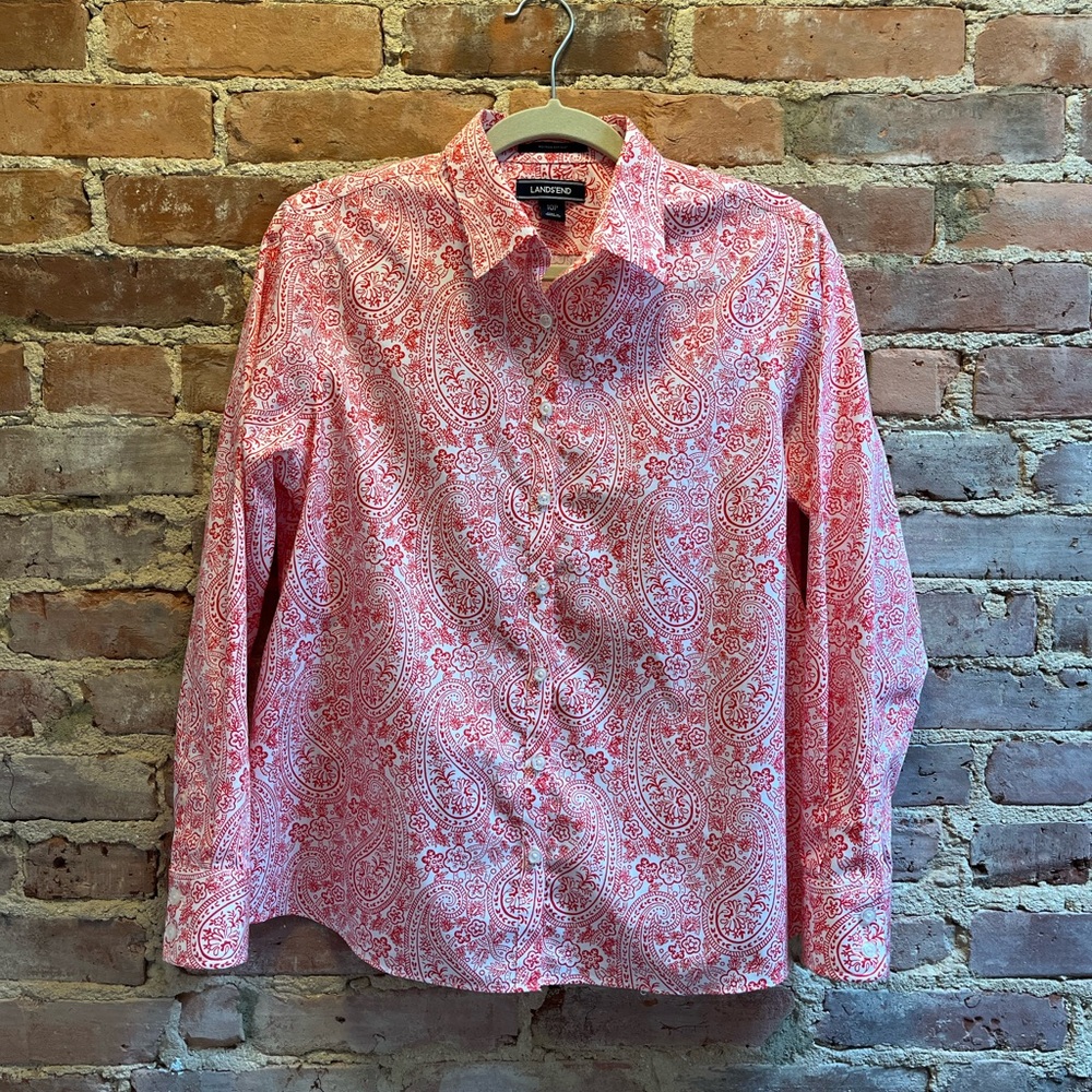 LANDS END|PINK&WHITE|PAISLEY PATTERNED|NO IRON|BUTTON DOWN SHIRT|14P
